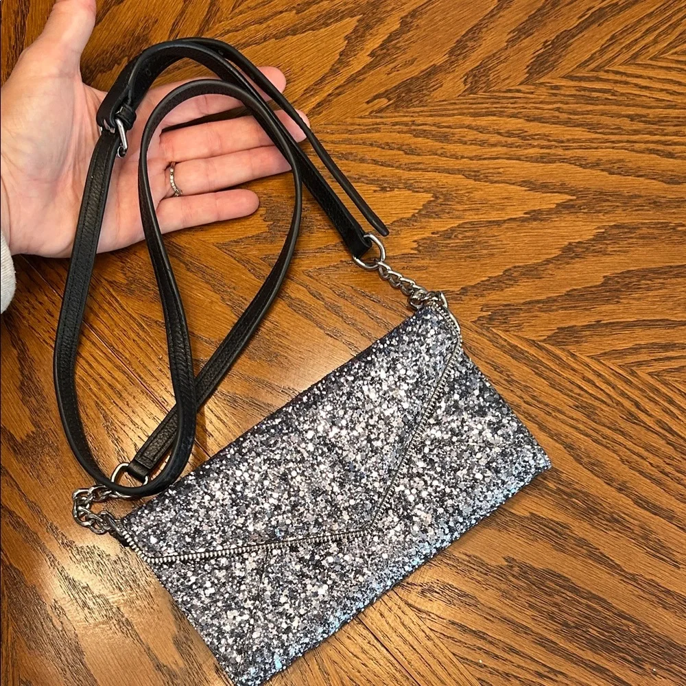 Rebecca Minkoff🩶Silver and Black Sparkle Glitter Leo Clutch/Crossbody  8”W x 4”H